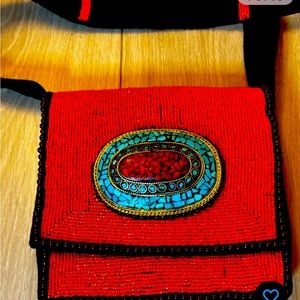 Boho Purse handmade RARE in NEW condition Red & turquoise
